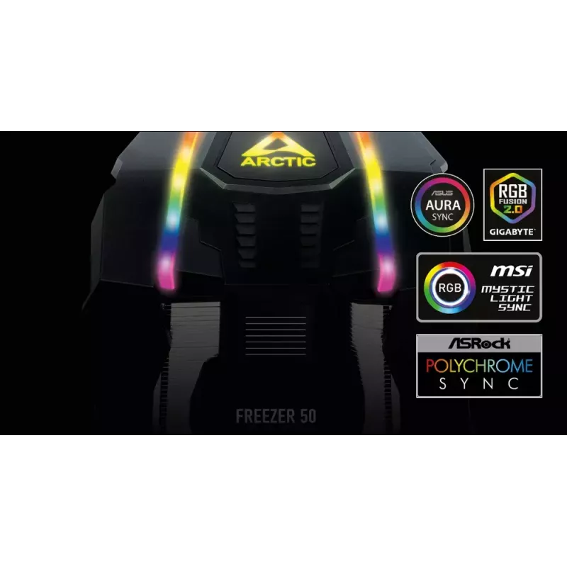 ARCTIC Freezer 50 ar A-RGB kontrolieri - daudzsaderīgs divtorņu CPU dzesētājs ar A-RGB apgaismojumu
