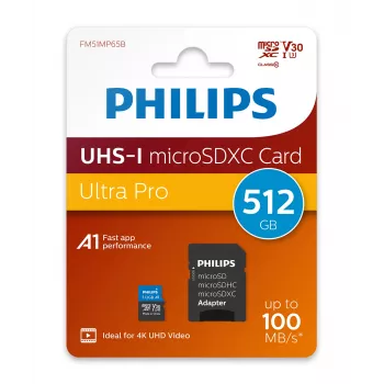 Philips FM51MP65B/00 microSDXC kartes, 512 GB, Class 10, UHS-I U3, ar adapteri