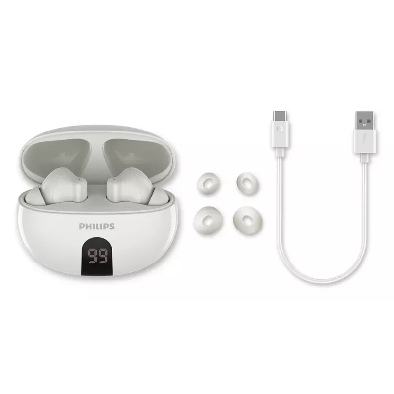 Bezvadu austiņas Philips TAT2520WT/00 — Bluetooth, zvaniem un mūzikai, 20–20000 Hz, 10 m diapazons, balta, 40 g
