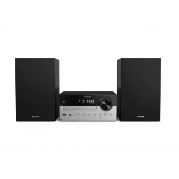 Mājas audio mikrosistēma Philips TAM4205M2/12 — 80 W RMS, 2 ceļu skaļruņi, Bluetooth, FM, LED displejs, paplātes diska ielāde (Melns/Sudraba)
