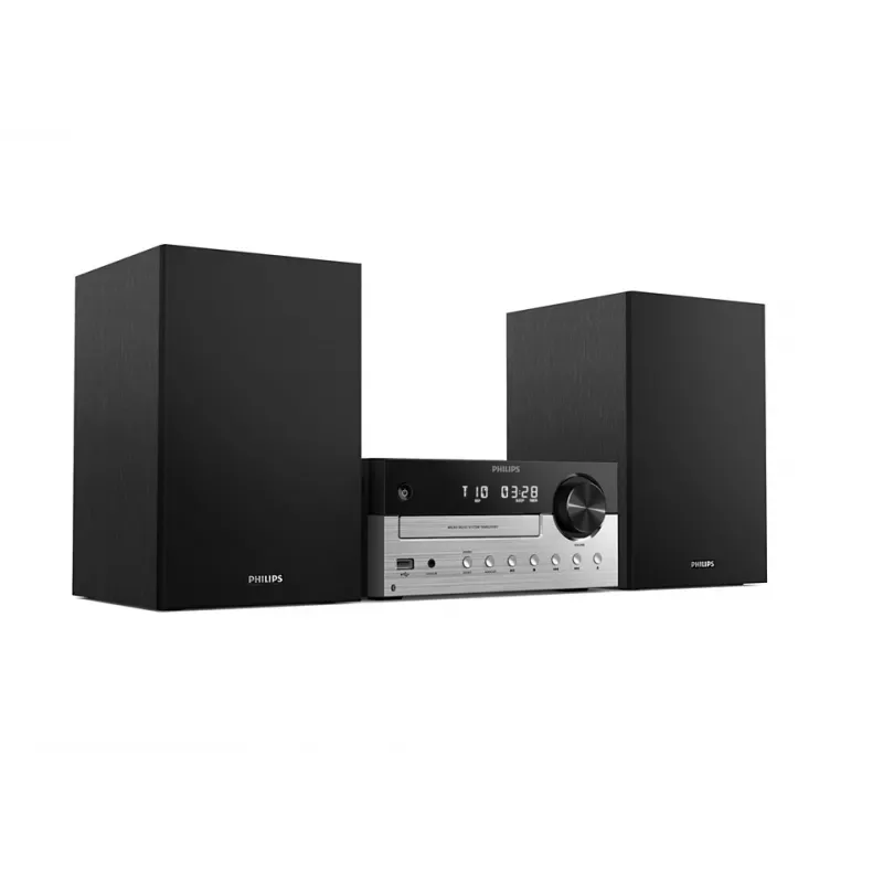 Mājas audio mikrosistēma Philips TAM4205M2/12 — 80 W RMS, 2 ceļu skaļruņi, Bluetooth, FM, LED displejs, paplātes diska ielāde (Melns/Sudraba)