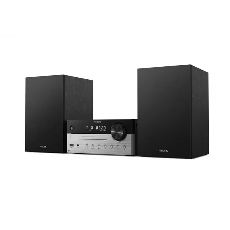 Mājas audio mikrosistēma Philips TAM4205M2/12 — 80 W RMS, 2 ceļu skaļruņi, Bluetooth, FM, LED displejs, paplātes diska ielāde (Melns/Sudraba)