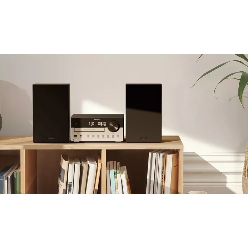 Mājas audio mikrosistēma Philips TAM4205M2/12 — 80 W RMS, 2 ceļu skaļruņi, Bluetooth, FM, LED displejs, paplātes diska ielāde (Melns/Sudraba)