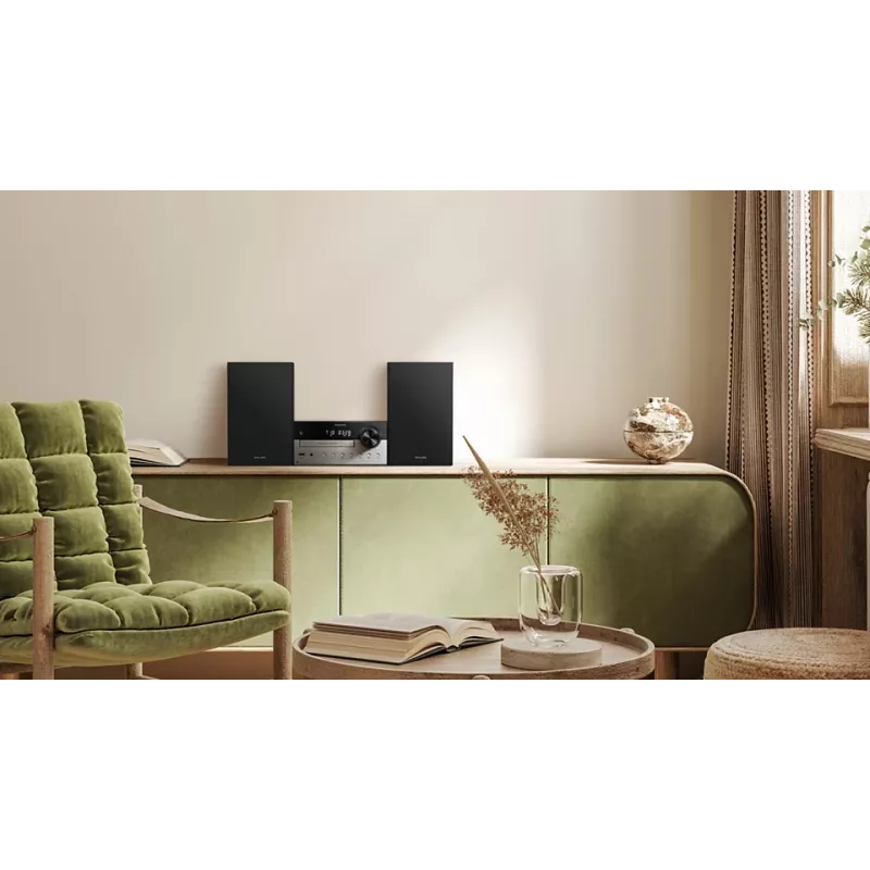 Mājas audio mikrosistēma Philips TAM4205M2/12 — 80 W RMS, 2 ceļu skaļruņi, Bluetooth, FM, LED displejs, paplātes diska ielāde (Melns/Sudraba)