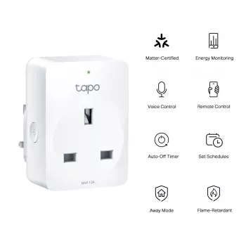 Viedā kontaktligzda TP‑Link Tapo Mini P110M — Wi‑Fi/Bluetooth iekštelpu viedā ligzda, 16 A, 100–240 V, 3680 W, balta