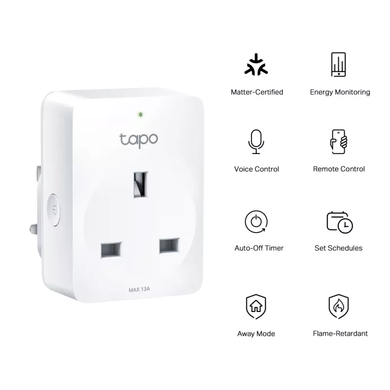 Viedā kontaktligzda TP‑Link Tapo Mini P110M — Wi‑Fi/Bluetooth iekštelpu viedā ligzda, 16 A, 100–240 V, 3680 W, balta