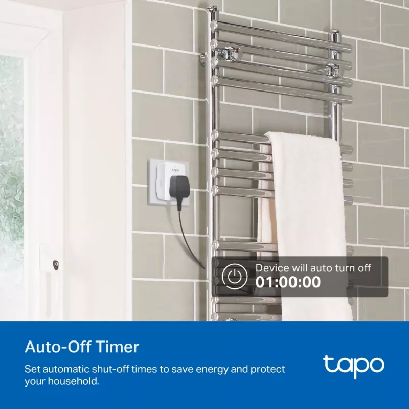 Viedā kontaktligzda TP‑Link Tapo Mini P110M — Wi‑Fi/Bluetooth iekštelpu viedā ligzda, 16 A, 100–240 V, 3680 W, balta