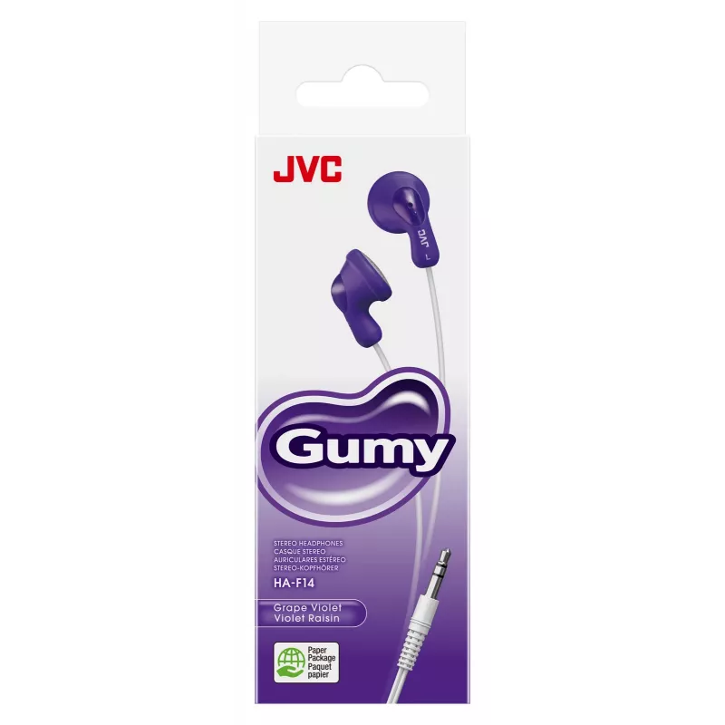 JVC F14 Gumy ievietojamās vadu austiņas violetā krāsā, vadu, 16–20000 Hz, mūzikai, 17,1 g, austiņas, violeta