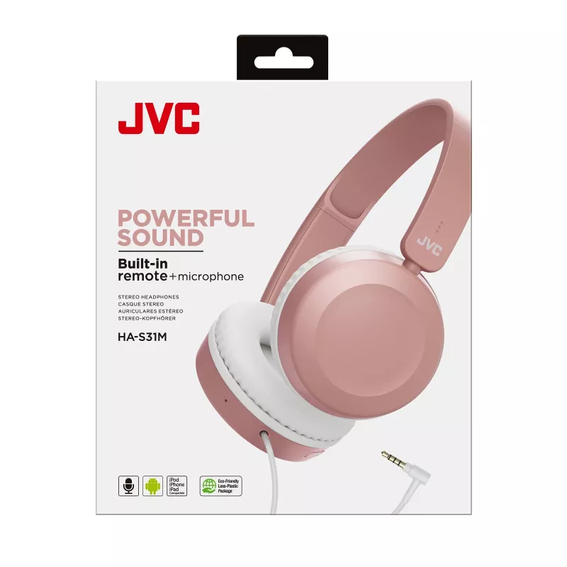 JVC Powerful Sound vadu austiņas, uz auss, rozā, vadu, 10–26000 Hz, zvani/mūzika, 140 g, austiņas, rozā