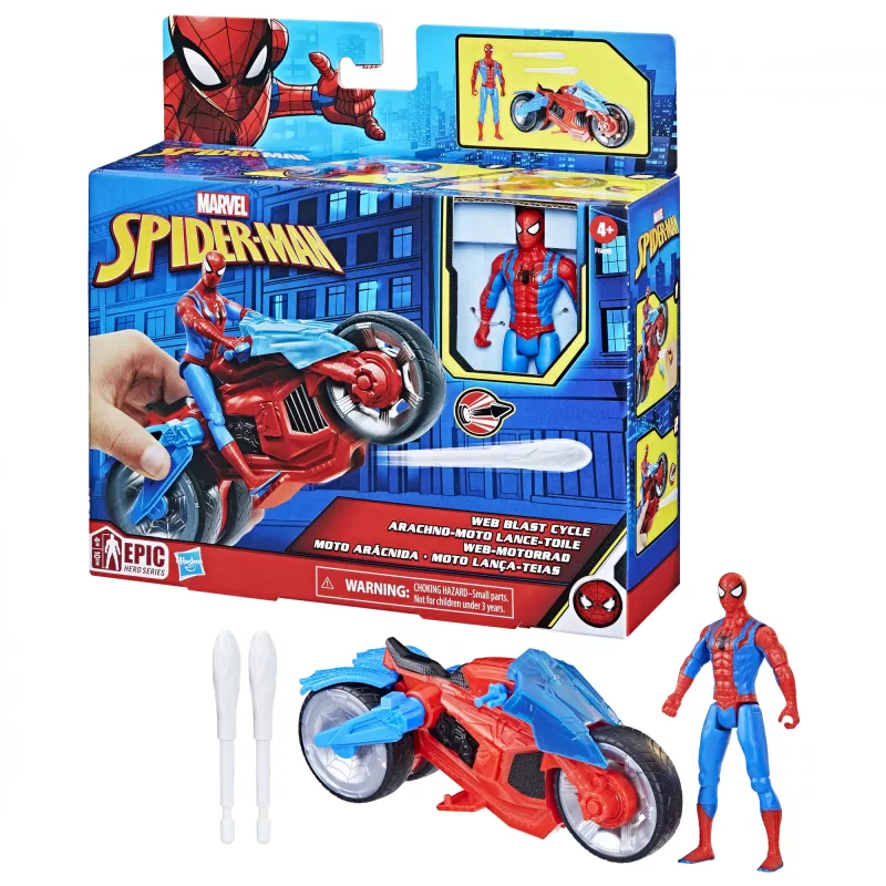 Marvel Spider-Man Spider-Man Web Blast Cycle bērnu rotaļu komplekts ar pozējamu Spider-Man darbības figūru