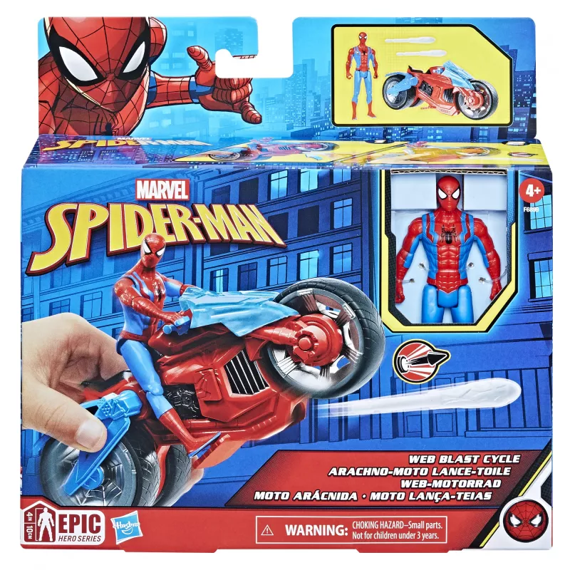 Marvel Spider-Man Spider-Man Web Blast Cycle bērnu rotaļu komplekts ar pozējamu Spider-Man darbības figūru