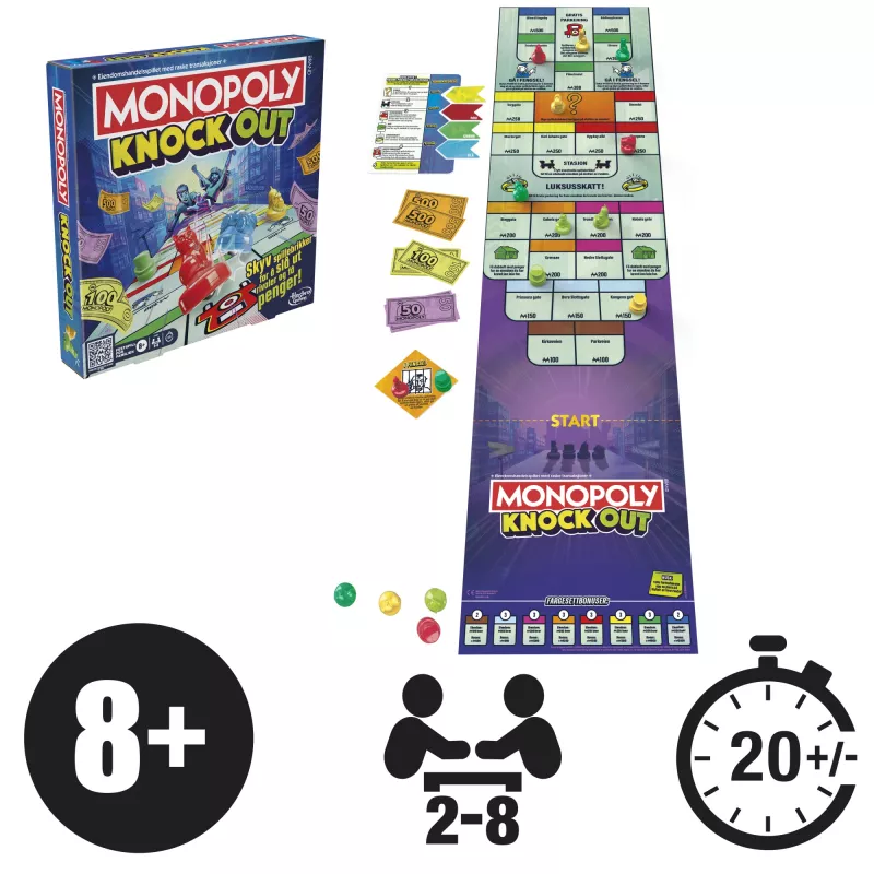 Monopoly Knockout ģimenes ballīšu spēle, ātras galda spēles vecumam no 8 gadiem, 2–8 spēlētājiem, 20 min.