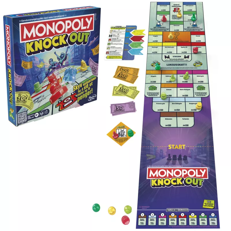 Monopoly Knockout ģimenes ballīšu spēle, ātras galda spēles vecumam no 8 gadiem, 2–8 spēlētājiem, 20 min.