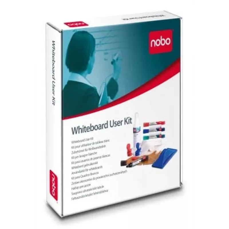 Nobo baltās tāfeles lietotāja komplekts, Aksesuāru komplekts, Daudzkrāsains, Melns, Zils, Zaļš, Sarkans, 610 g, Kaste, Tāfeles tīrīšanas lupatiņa, Tāfeles tīrīšanas aerosols, Tāfeles dzēšgumija, Tāfeles magnēts, Tāfeles marķieris