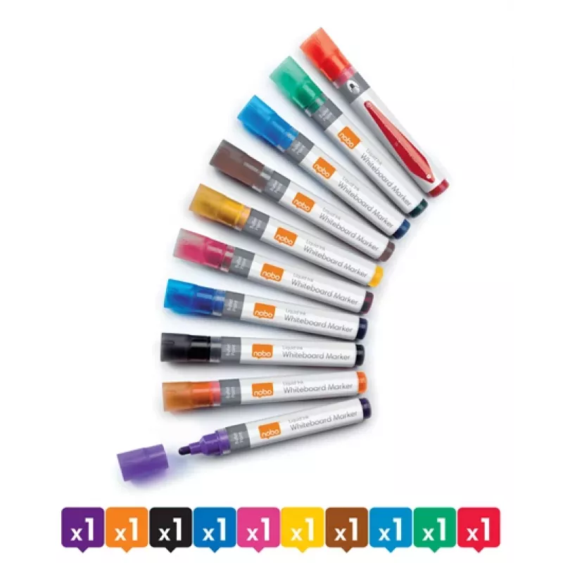 Nobo šķidrās tintes tāfeles marķieri ar apaļu uzgali, 10 gab. iepakojums, 10 gab., Daudzkrāsains, Otiņas uzgalis, Dažādas krāsas, 3 mm, 38 mm