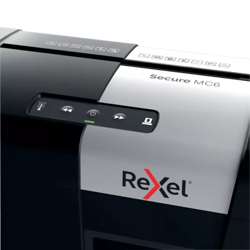 Rexel Secure MC6 Whisper-Shred mikrogriešanas papīra smalcinātājs P5, mikrogriešanas smalcināšana, 2 x 15 mm, 18 l, 175 loksnes, 55 dB, pogas