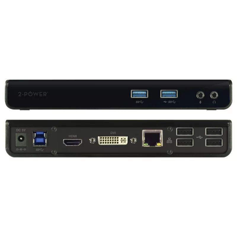 2-Power USB 3.0 Dual Display dokstacija, Dokošana, 3,5 mm, USB A tipa, USB B tipa, 10,100,1000 Mbit/s, Melna, 5 Gbit/s