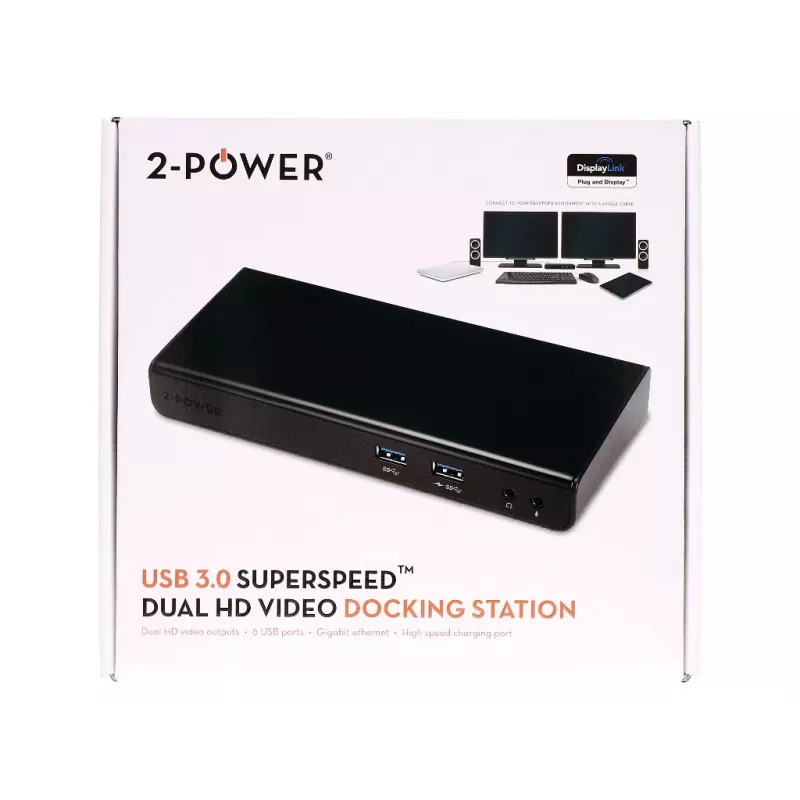 2-Power USB 3.0 Dual Display dokstacija, Dokošana, 3,5 mm, USB A tipa, USB B tipa, 10,100,1000 Mbit/s, Melna, 5 Gbit/s