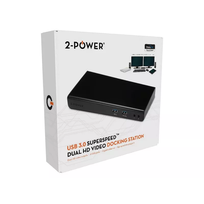 2-Power USB 3.0 Dual Display dokstacija, Dokošana, 3,5 mm, USB A tipa, USB B tipa, 10,100,1000 Mbit/s, Melna, 5 Gbit/s