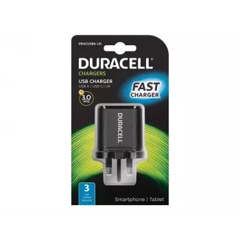 Duracell Type-C & Type-A tīkla lādētājs, iekštelpu, maiņstrāva, melns