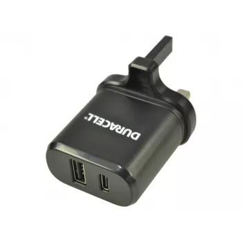 Duracell Type-C & Type-A tīkla lādētājs, iekštelpu, maiņstrāva, melns
