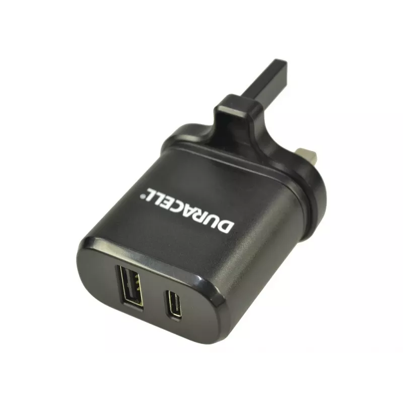 Duracell Type-C & Type-A tīkla lādētājs, iekštelpu, maiņstrāva, melns