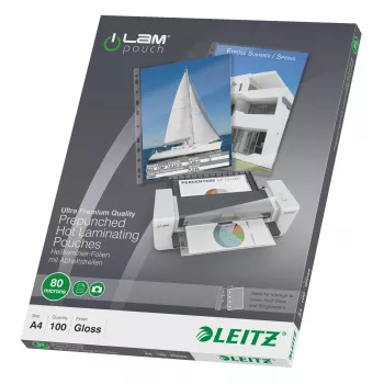 Leitz iLAM iepriekš caurumotas A4 laminēšanas plēves, 80 mikroni, 100 gab. iepakojumā
