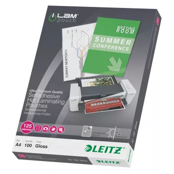 Leitz iLAM pašlīmējošās A4 laminēšanas plēves, 125 mikroni, 100 gab. iepakojumā