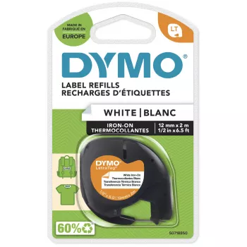 DYMO LetraTag Gludināmās Auduma Uzlīmes | Oriģināls | 12 mm x 2 m Rulete | Melna Druka uz Balta | Gludināmās Apģērba Uzlīmes Ideāli Uniformām/Bērnu Apģērbam | LetraTag Printeriem