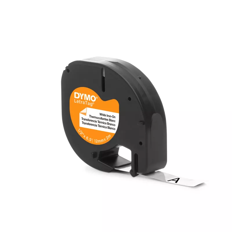 DYMO LetraTag Gludināmās Auduma Uzlīmes | Oriģināls | 12 mm x 2 m Rulete | Melna Druka uz Balta | Gludināmās Apģērba Uzlīmes Ideāli Uniformām/Bērnu Apģērbam | LetraTag Printeriem