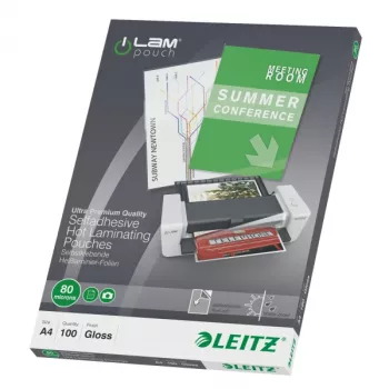 Leitz iLAM pašlīmējošās A4 laminēšanas kabatas, 80 mikroni, 100 gab. iepakojumā