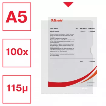 Esselte Premium A5 mape, Projekta mape, A5, Polipropilēns (PP), Caurspīdīga, Portreta orientācija, 40 loksnes