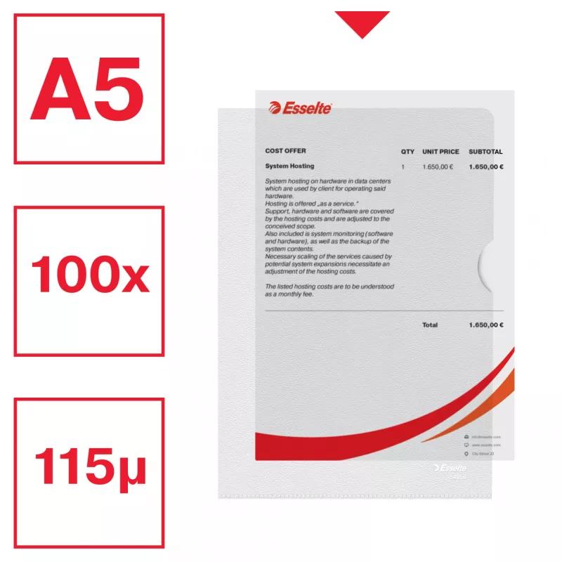 Esselte Premium A5 mape, Projekta mape, A5, Polipropilēns (PP), Caurspīdīga, Portreta orientācija, 40 loksnes