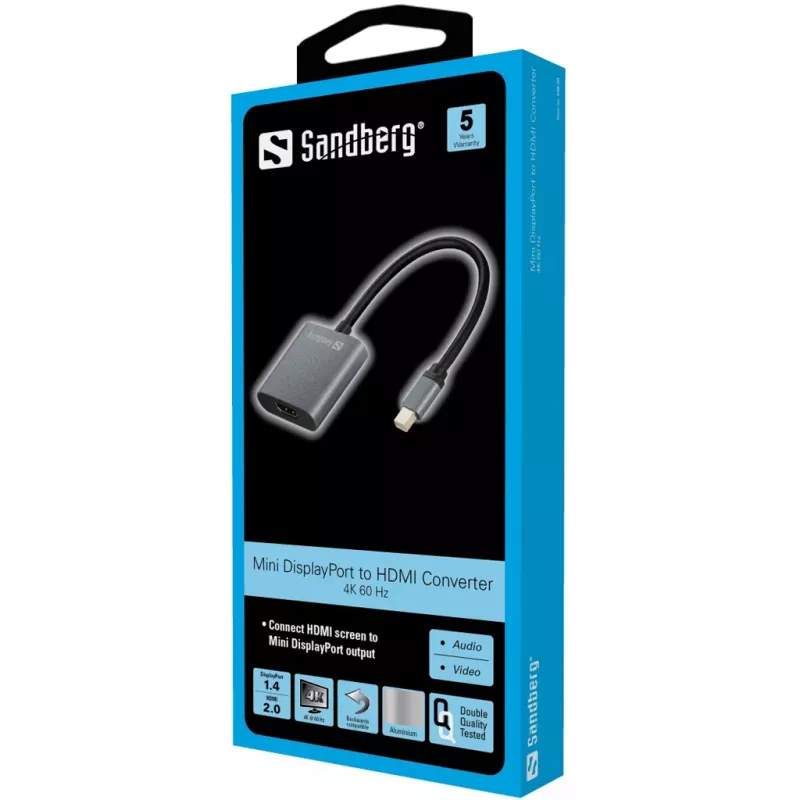 Sandberg Adapter MiniDP1.4>HDMI2.0 4K60, Mini DisplayPort, HDMI A tipa (standarta), vīrišķais, sievišķais, 3840 x 2160 pikseļi, 6 Gbit/s