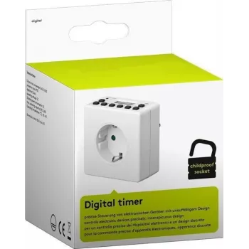Viedā kontaktligzda MicroConnect GRUTIMER3 — iekštelpu taimera ligzda ar LCD, 110×81×78 mm, balta