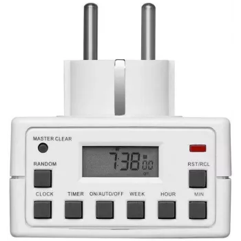 Viedā kontaktligzda MicroConnect GRUTIMER3 — iekštelpu taimera ligzda ar LCD, 110×81×78 mm, balta