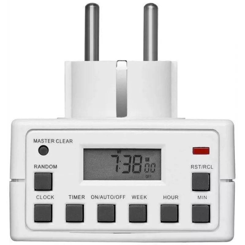 Viedā kontaktligzda MicroConnect GRUTIMER3 — iekštelpu taimera ligzda ar LCD, 110×81×78 mm, balta