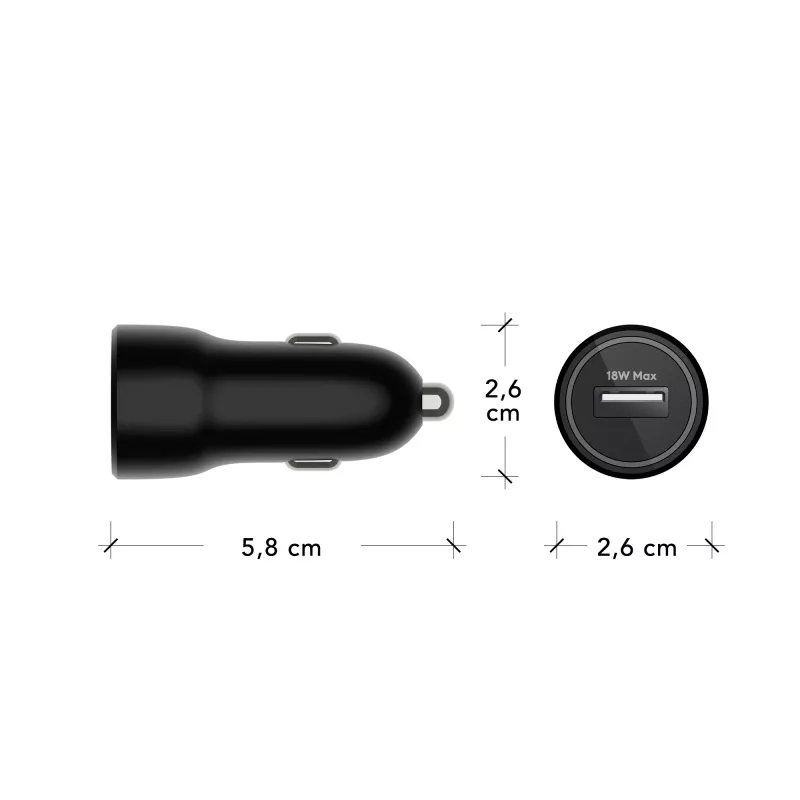 Auto lādētājs d bramante re-charge USB-A 18W — 12–24V, 1× USB-A, melns