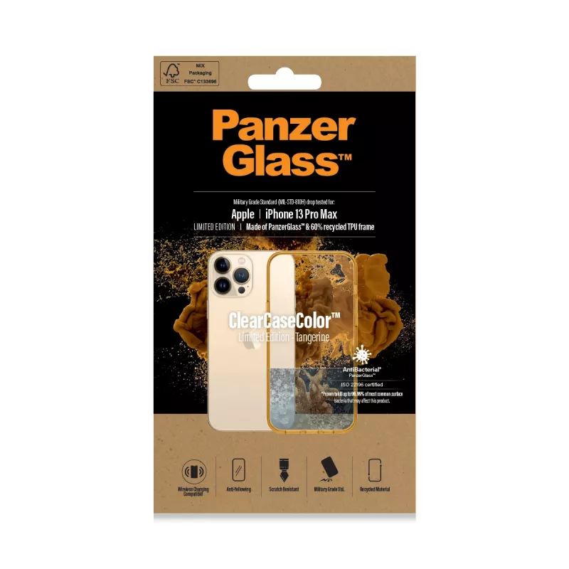 Aizsargapvalks ClearCaseColor PanzerGlass iPhone 13 Pro Max 6.7 collām — PET un rūdītais stikls, oranžs