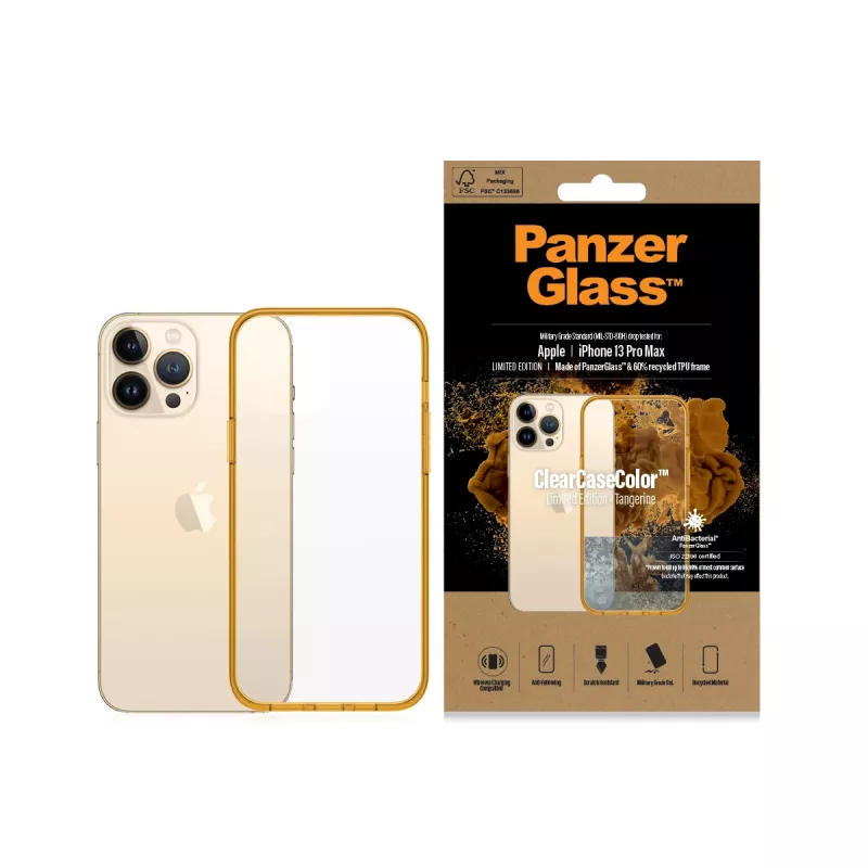 Aizsargapvalks ClearCaseColor PanzerGlass iPhone 13 Pro Max 6.7 collām — PET un rūdītais stikls, oranžs