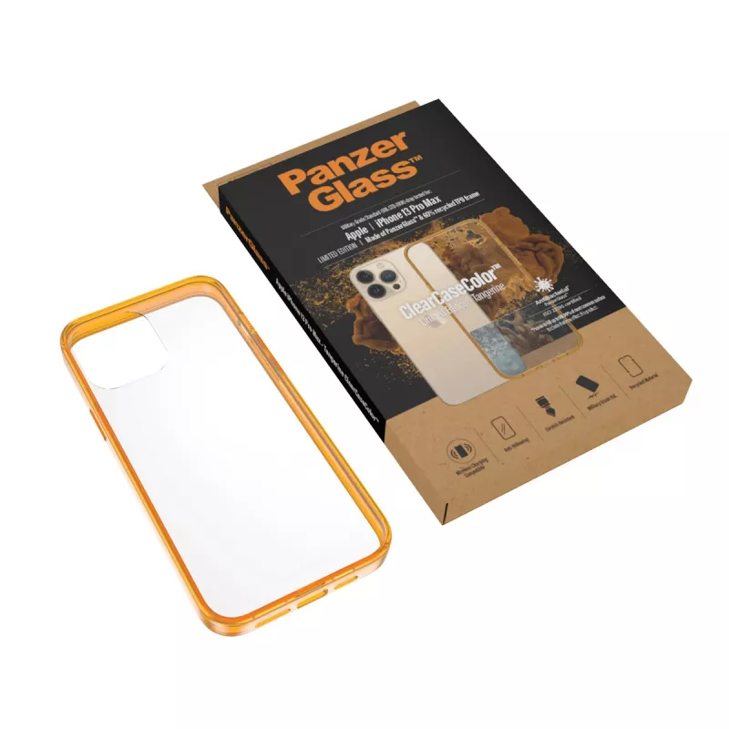 Aizsargapvalks ClearCaseColor PanzerGlass iPhone 13 Pro Max 6.7 collām — PET un rūdītais stikls, oranžs