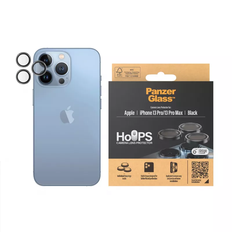 PanzerGlass Hoops kameras lēcas aizsargs iPhone 13 Pro un 13 Pro Max, melns, izturīgs pret skrāpējumiem