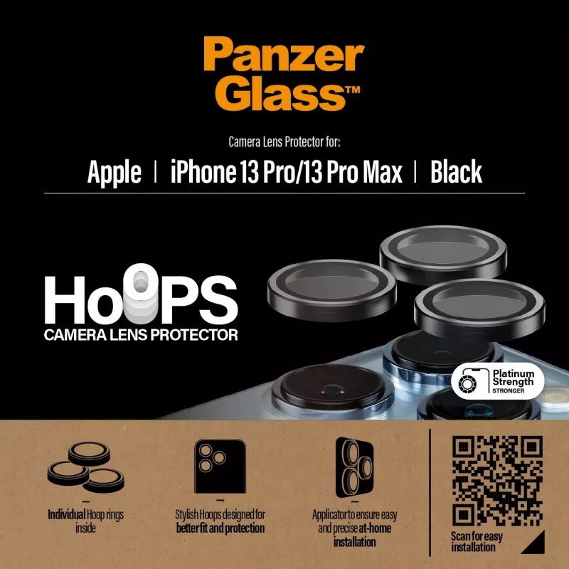 PanzerGlass Hoops kameras lēcas aizsargs iPhone 13 Pro un 13 Pro Max, melns, izturīgs pret skrāpējumiem