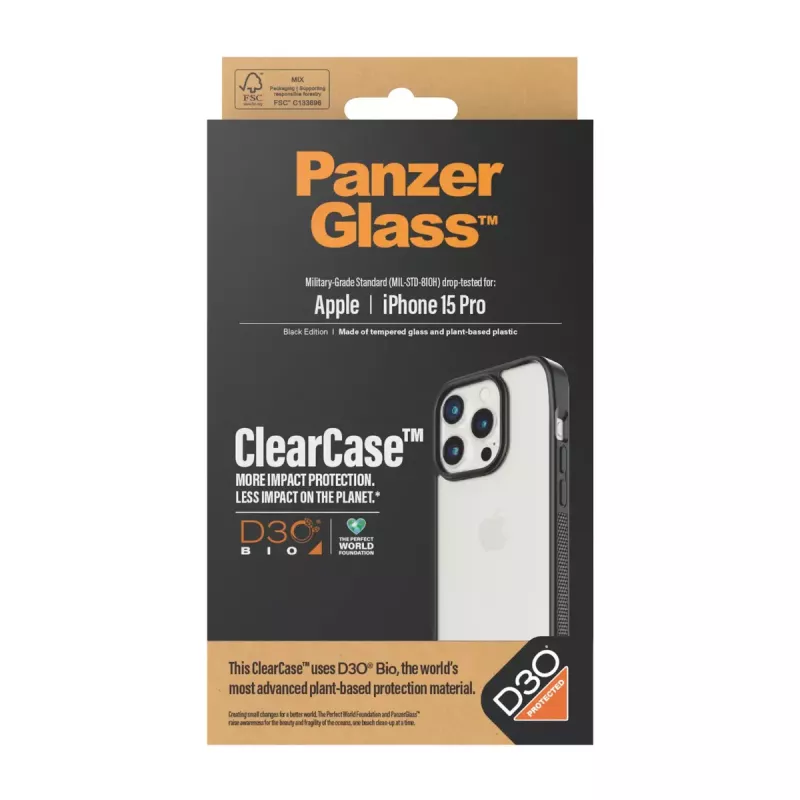 PanzerGlass® ClearCase caurspīdīgs ar melnu rāmi un D3O® iPhone 15 Pro
