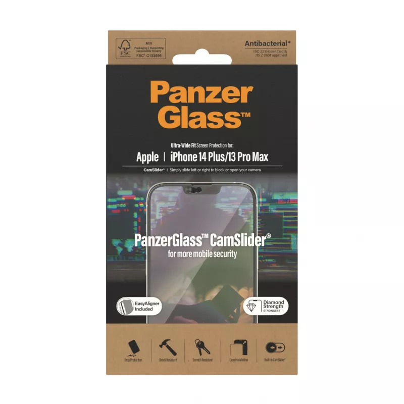 Caurspīdīgs ekrāna aizsargs PanzerGlass CamSlider Apple iPhone 14 Plus / 13 Pro Max, 6,68 collas, rūdīts stikls, PET, antibakteriāls