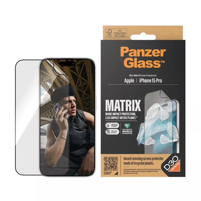 PanzerGlass ® ECO MATRIX ekrāna aizsargs ar D3O® iPhone 15 Pro | Īpaši plata pieguļība ar izlīdzināšanas komplektu
