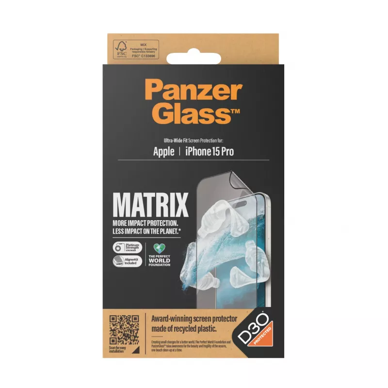 PanzerGlass ® ECO MATRIX ekrāna aizsargs ar D3O® iPhone 15 Pro | Īpaši plata pieguļība ar izlīdzināšanas komplektu