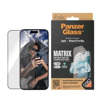 PanzerGlass ® ECO MATRIX ekrāna aizsargs ar D3O® iPhone 15 Pro Max | Ultra-Wide Fit ar izlīdzināšanas komplektu