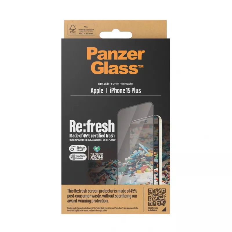 PanzerGlass ® Re:fresh ekrāna aizsargs iPhone 15 Plus | Īpaši plats pārklājums ar EasyAligner