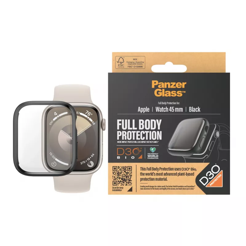 PanzerGlass ekrāna aizsargs visa korpusa Apple Watch Series 9 D3O 45mm melns